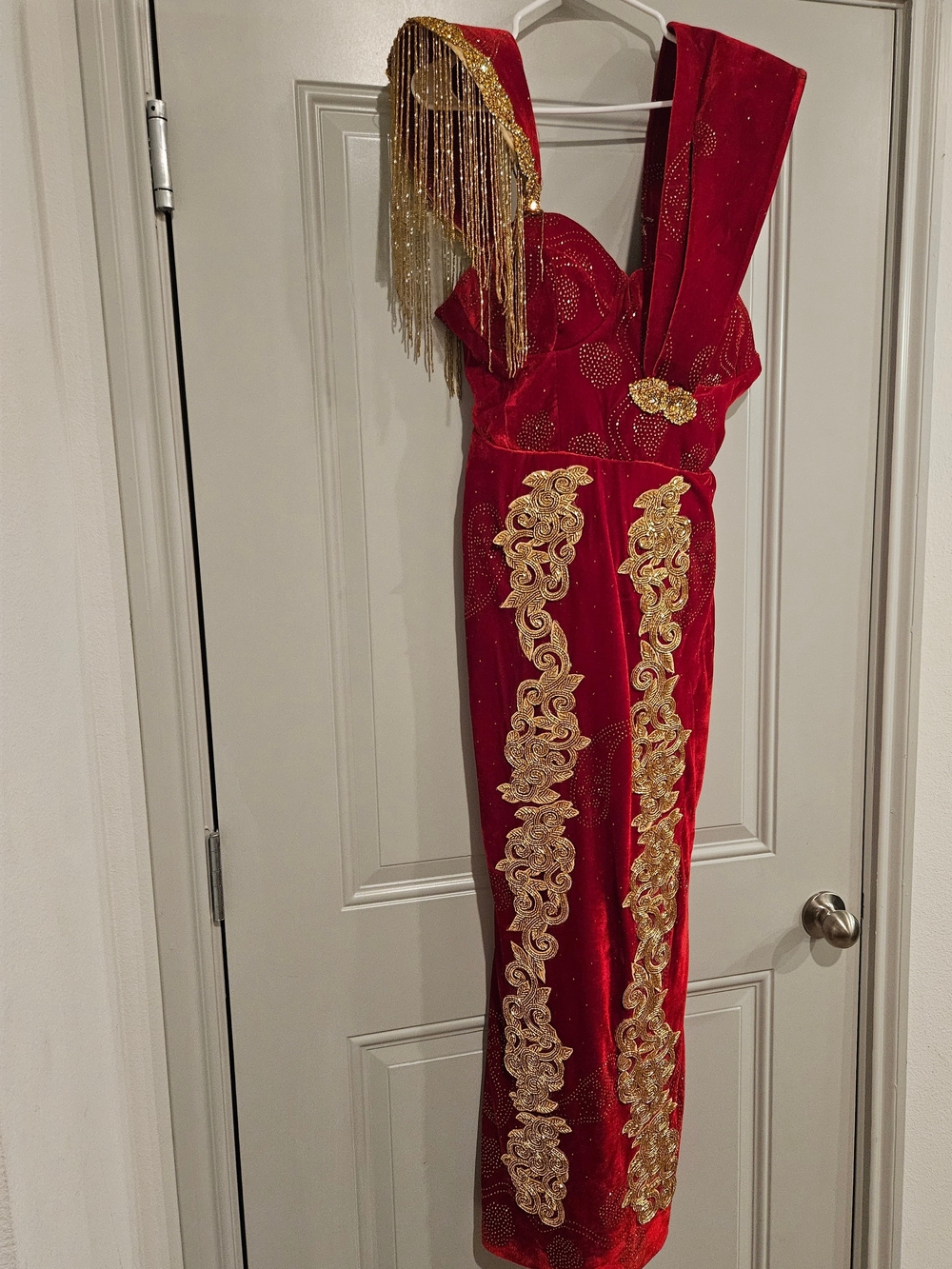Red Asymmetrical Velvet Dress with Gold Embellishment and Fringe